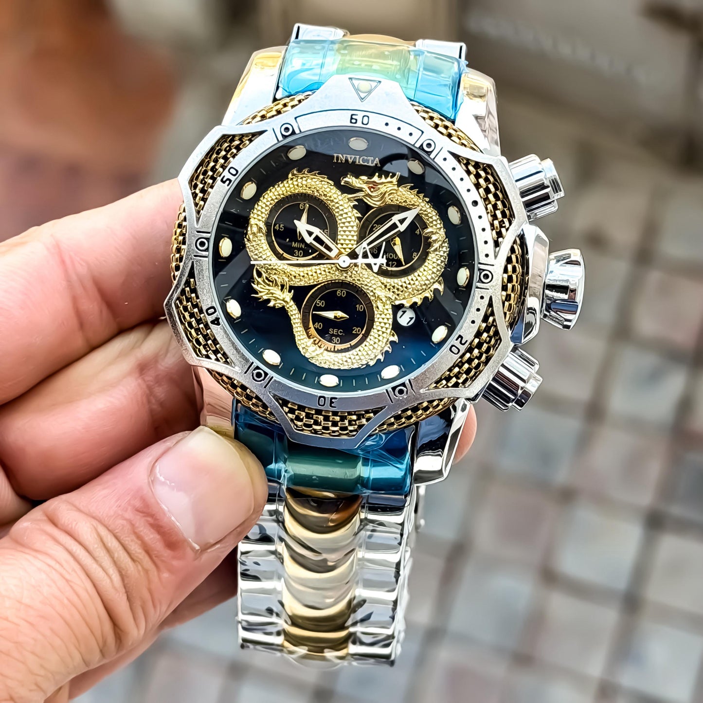 Golden Twotone With Black Dial Men's Watch